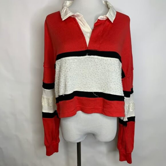 Free People Tops - Free People Party Polo Shirt Red Sequin Insets Sz Small